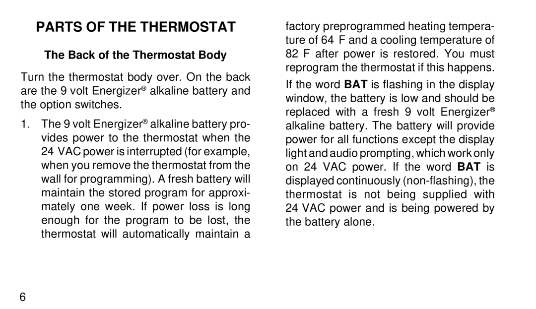 White Rodgers 1F92W-71 manual Parts of the Thermostat, Back of the Thermostat Body 