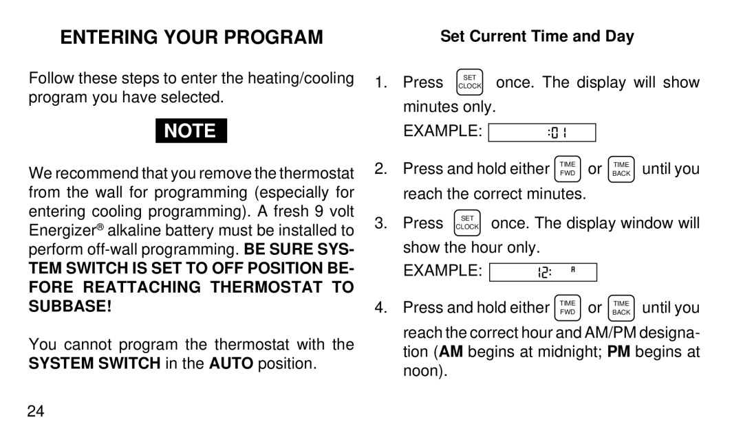 White Rodgers 1F94-71 manual Entering Your Program, Set Current Time and Day 