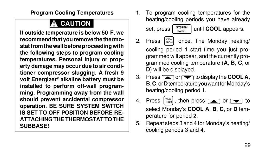 White Rodgers 1F94-71 manual Program Cooling Temperatures 