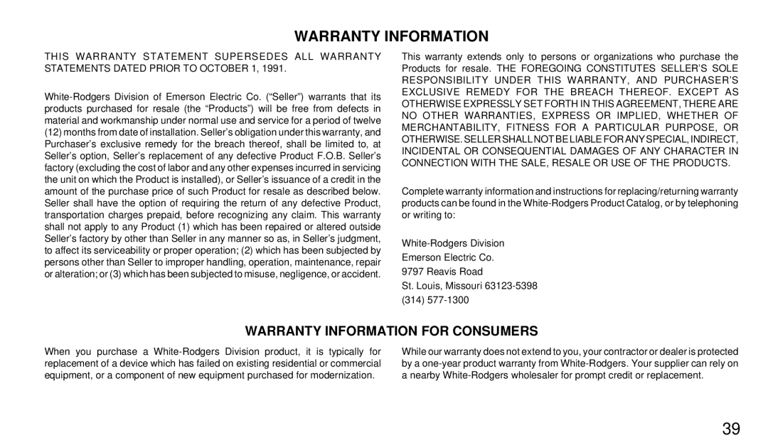 White Rodgers 1F94-71 manual Warranty Information 