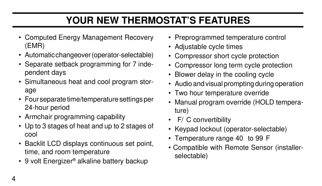 White Rodgers 1F94-71 manual Your NEW THERMOSTAT’S Features 