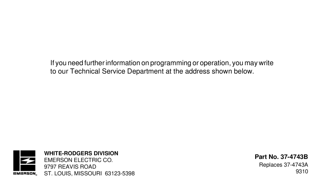 White Rodgers 1F94-71 manual Part No -4743B 