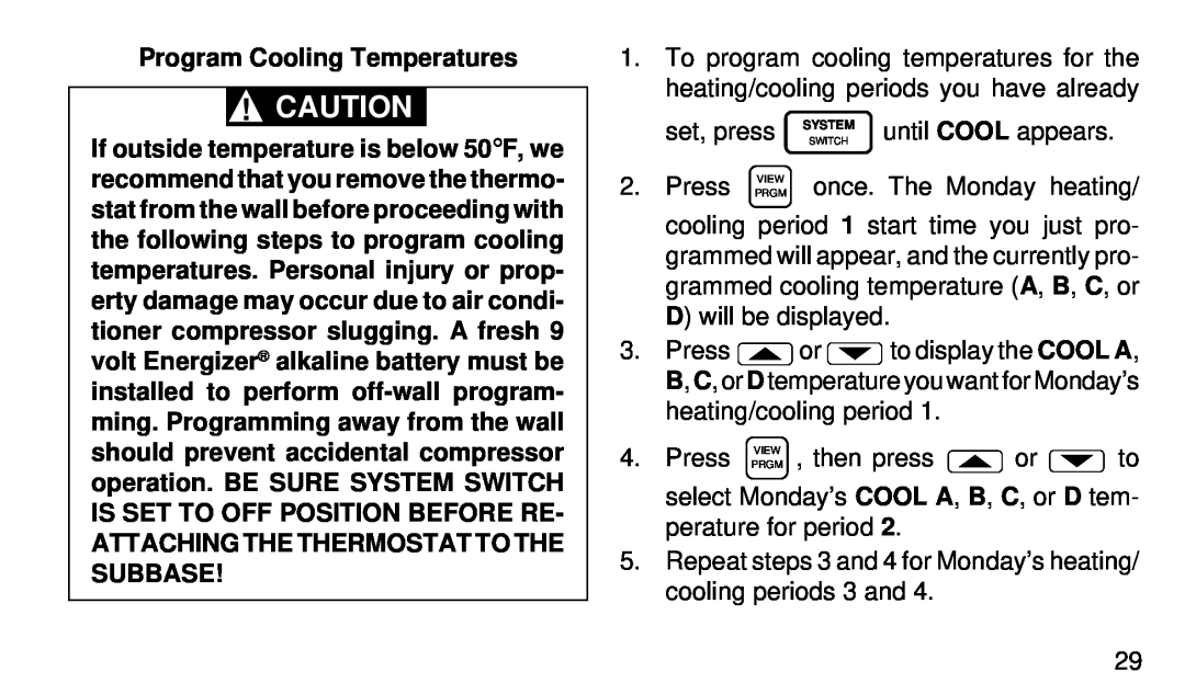 White Rodgers 1F94-71 manual Program Cooling Temperatures 