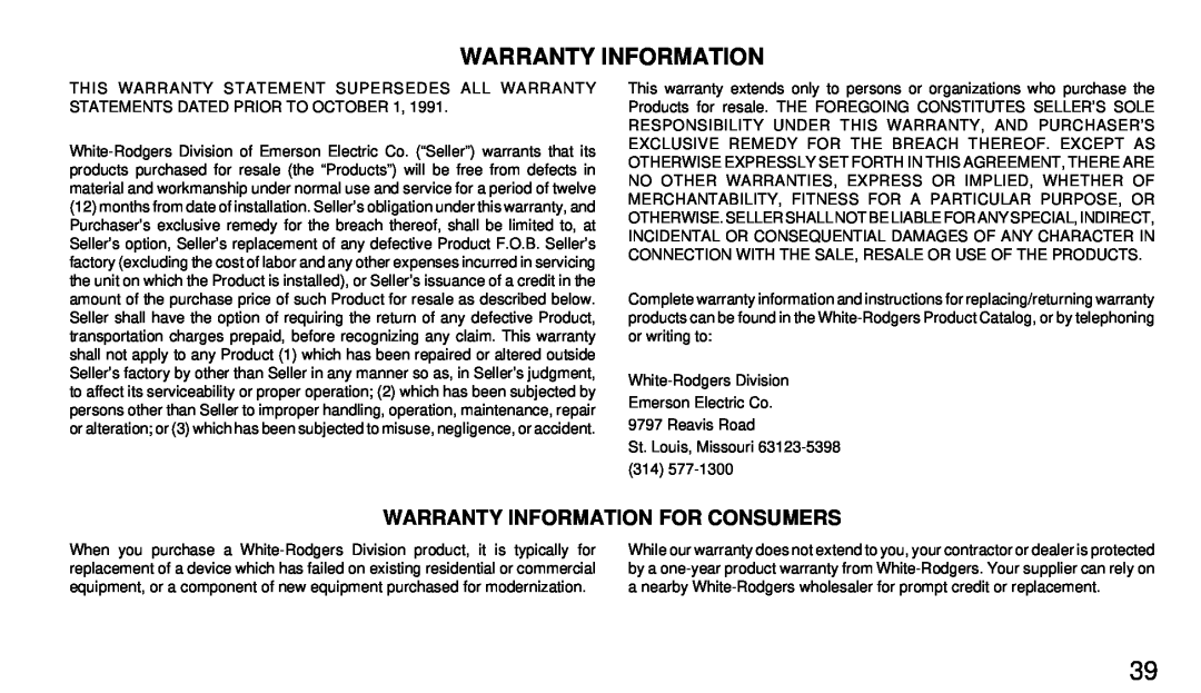 White Rodgers 1F94-71 manual Warranty Information For Consumers 