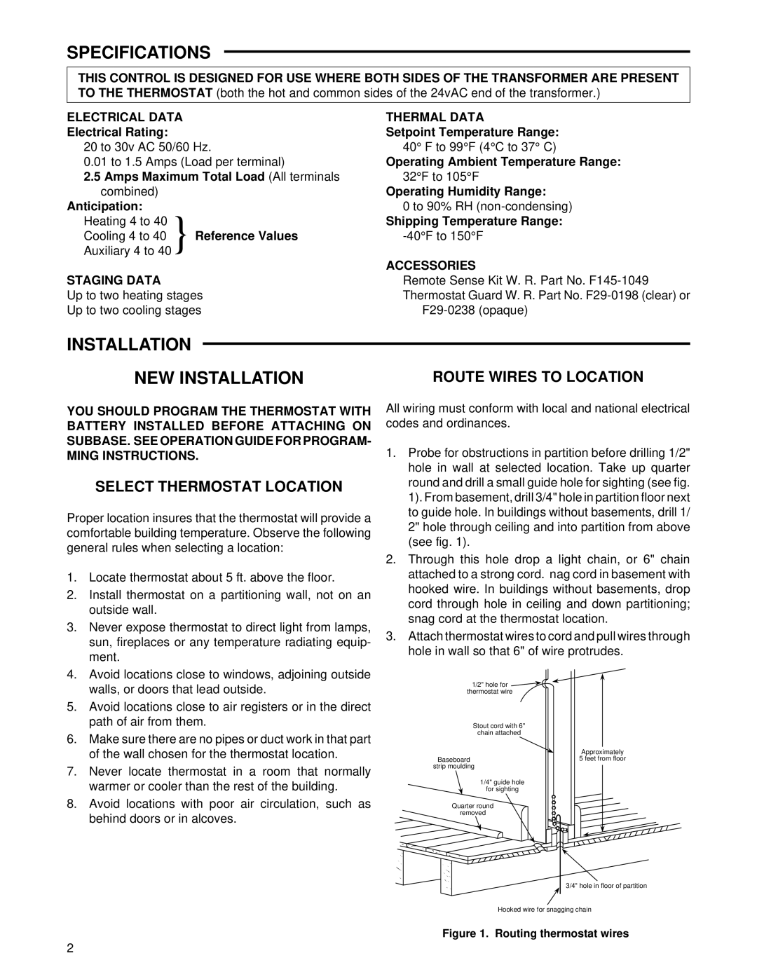 White Rodgers 1F94-80 Specifications, Installation NEW Installation, Route Wires to Location, Select Thermostat Location 