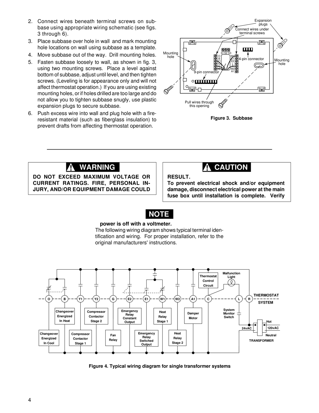 White Rodgers 1F94-80 installation instructions Power is off with a voltmeter, Subbase 