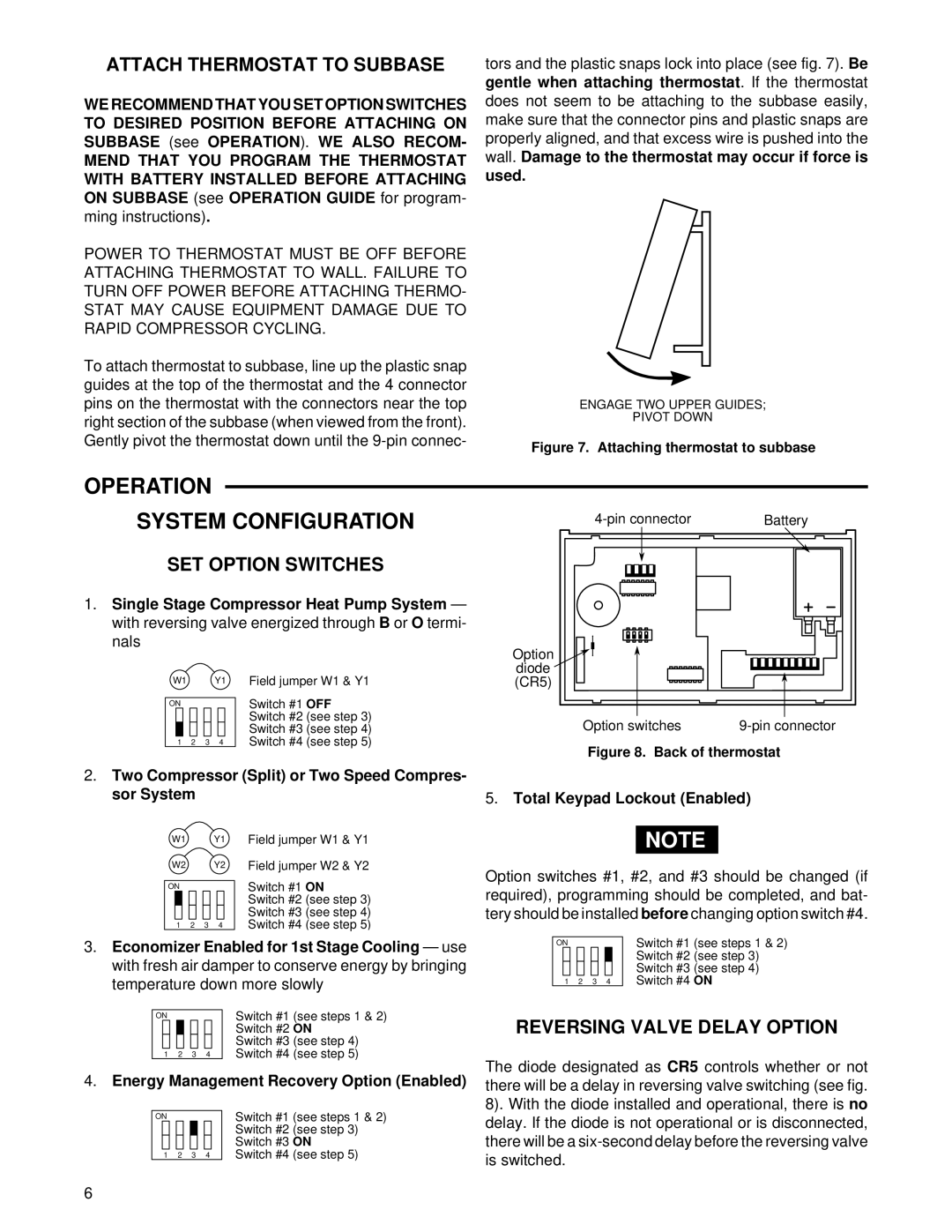 White Rodgers 1F94-80 installation instructions Attach Thermostat to Subbase, Reversing Valve Delay Option 