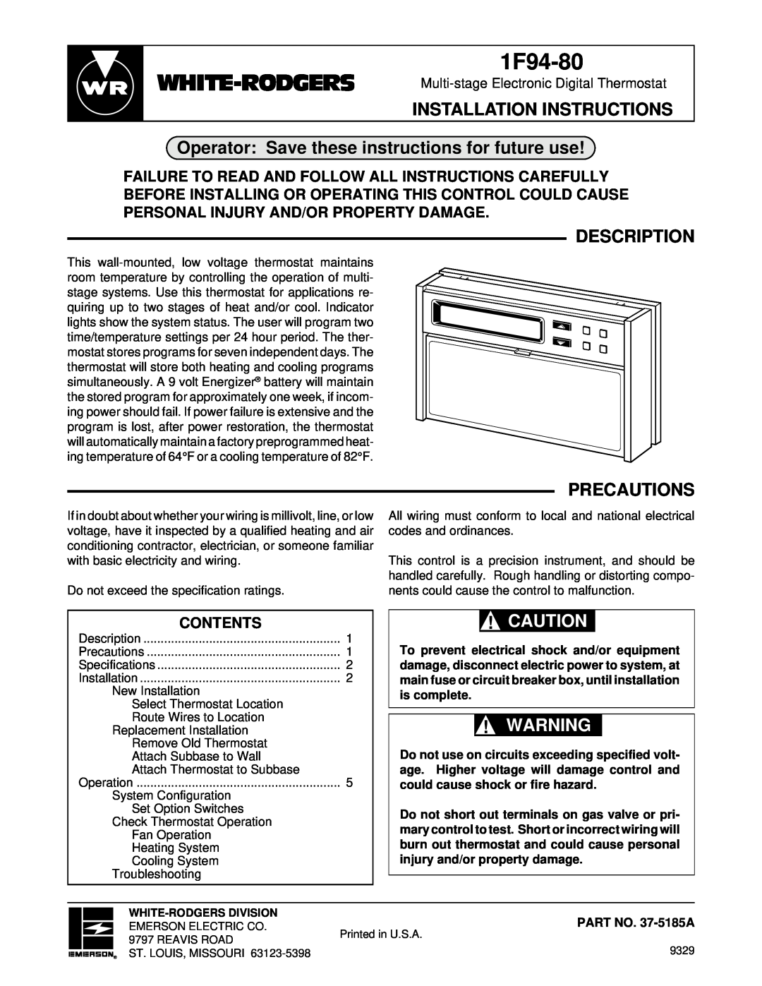 White Rodgers 1F94-80 installation instructions Operator Save these instructions for future use, Description, Precautions 
