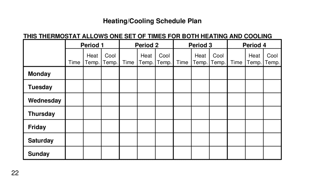 White Rodgers 1F94W-71 manual Heating/Cooling Schedule Plan 