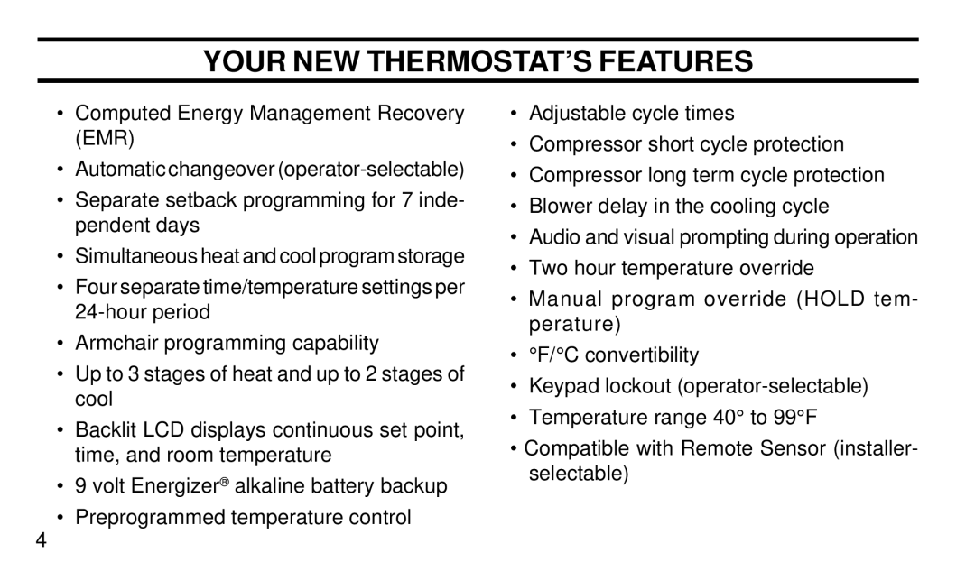 White Rodgers 1F94W-71 manual Your NEW THERMOSTAT’S Features 