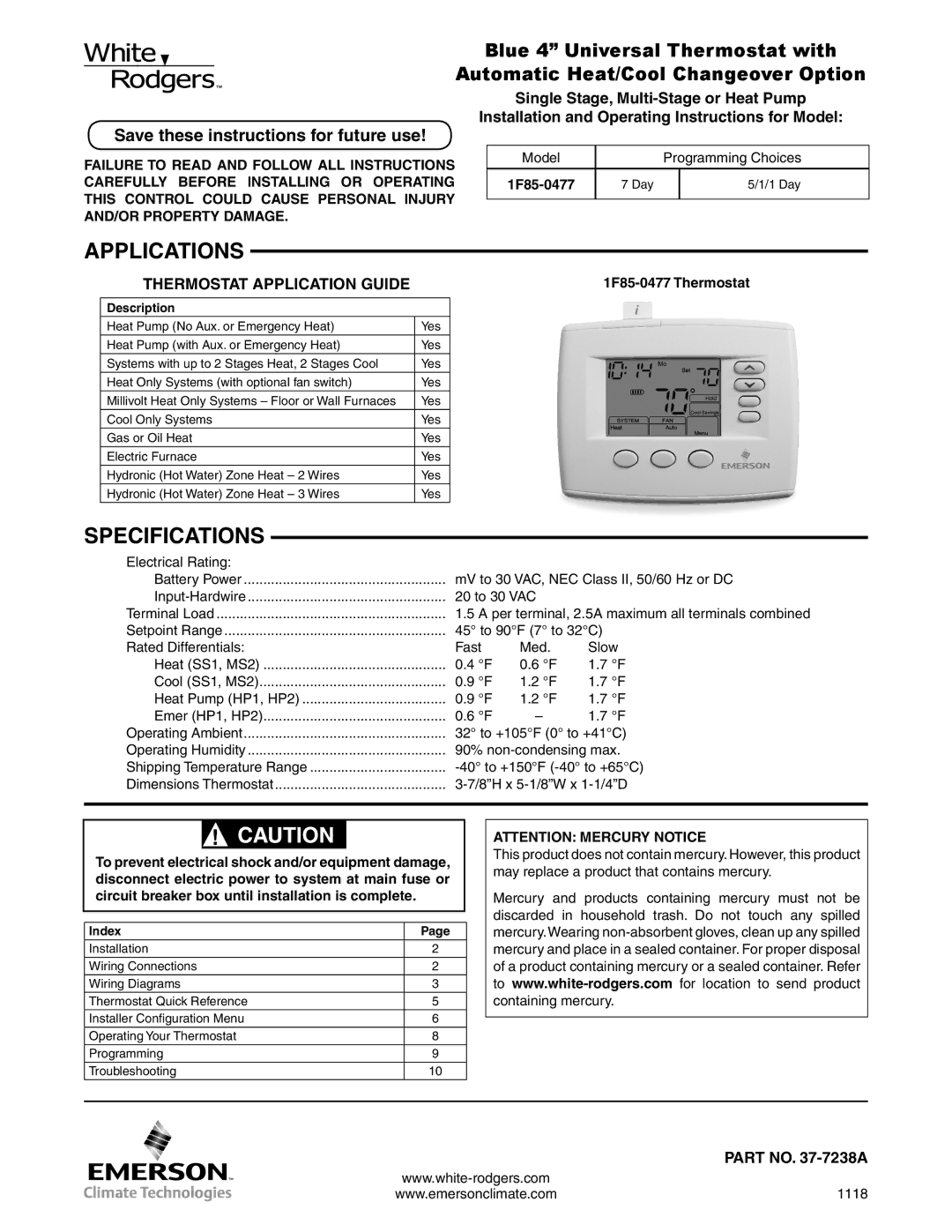 White Rodgers 1F95-0477 specifications Applications, Specifications, Save these instructions for future use 