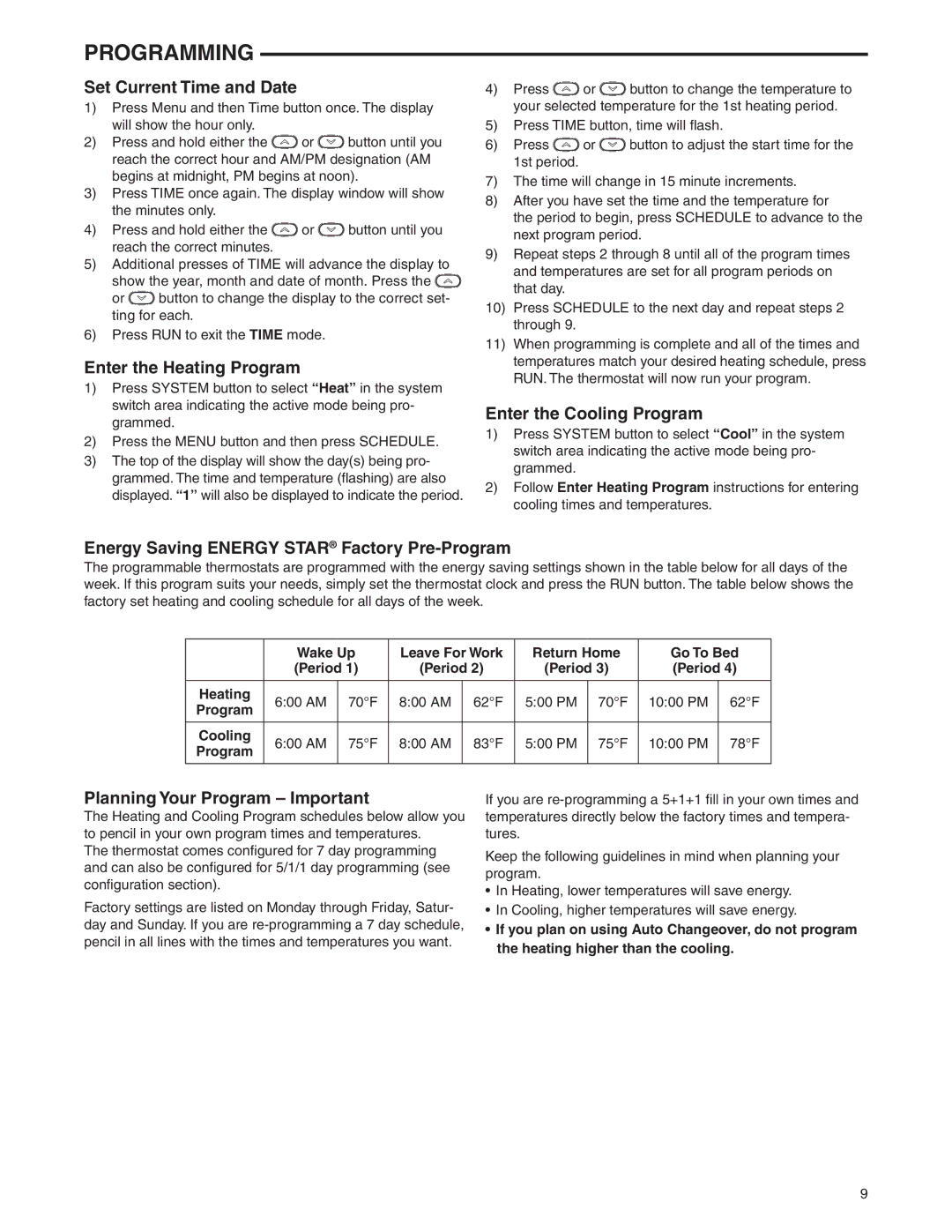 White Rodgers 1F95-0477 specifications Programming 