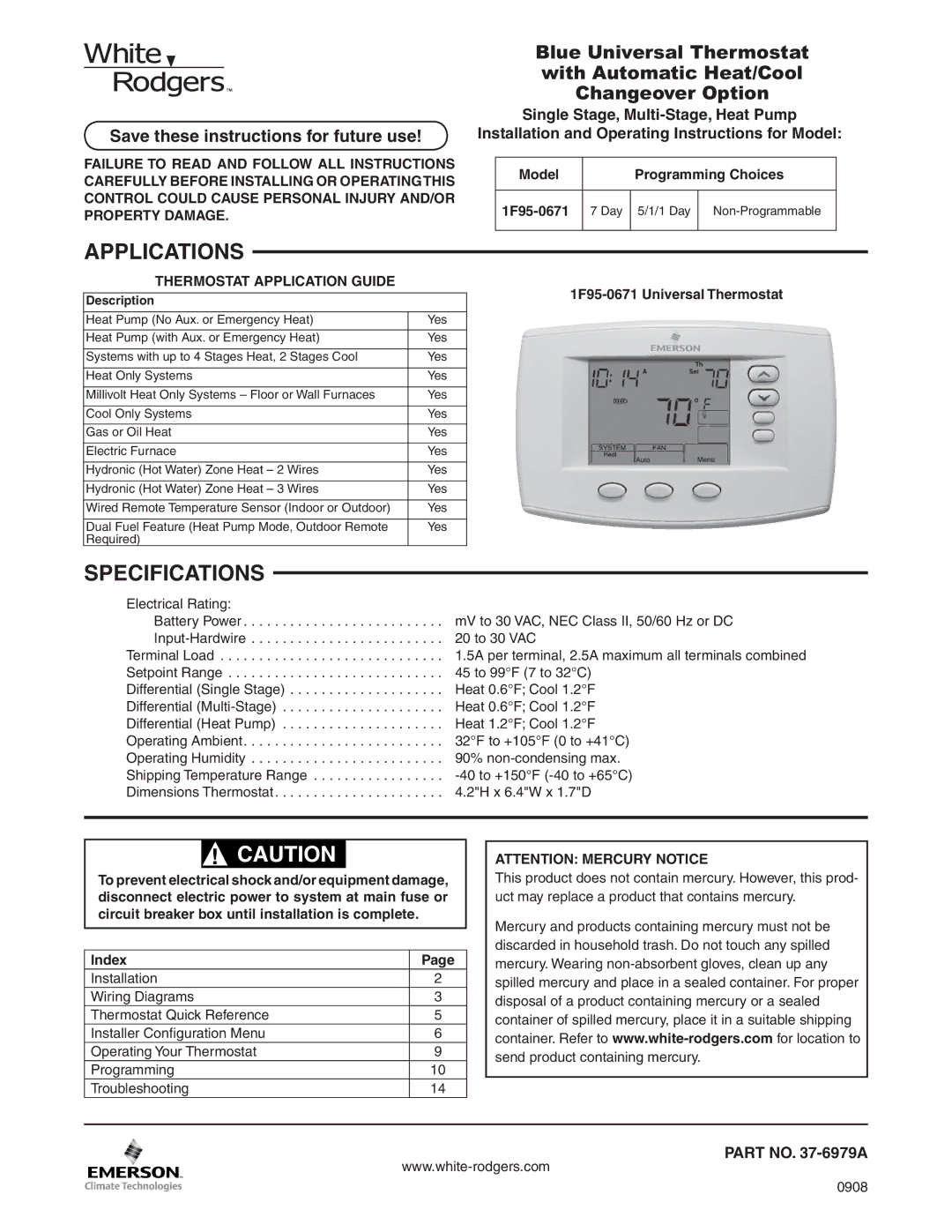 White Rodgers 1F95-0671 specifications Applications, Specifications, Save these instructions for future use 