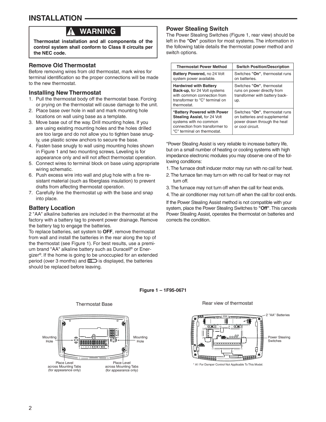 White Rodgers 1F95-0671 specifications Installation, Remove Old Thermostat, Installing New Thermostat, Battery Location 