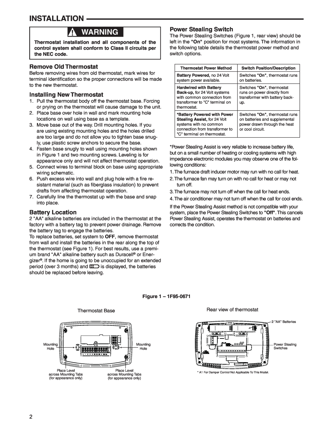 White Rodgers 1F95-0671 specifications Installation, Remove Old Thermostat, Installing New Thermostat, Battery Location 