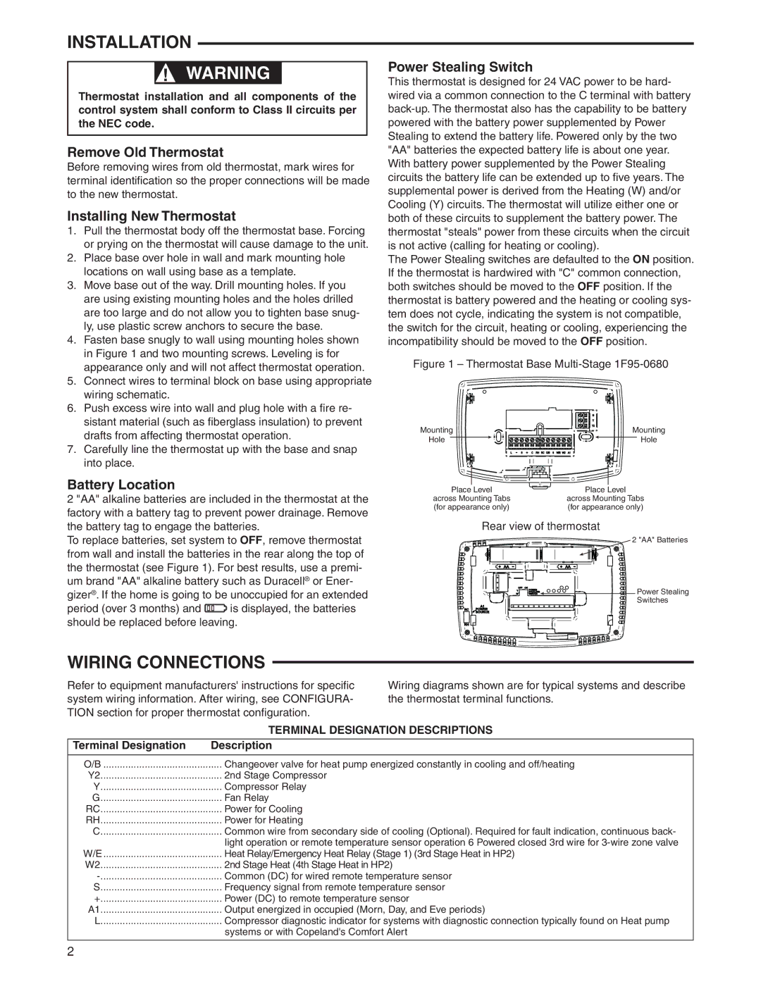 White Rodgers 1F95-0680 specifications Installation, Wiring Connections 