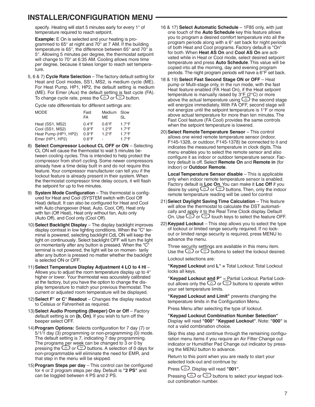 White Rodgers 1F95-0680 specifications Press Menu after selecting the type of lockout 