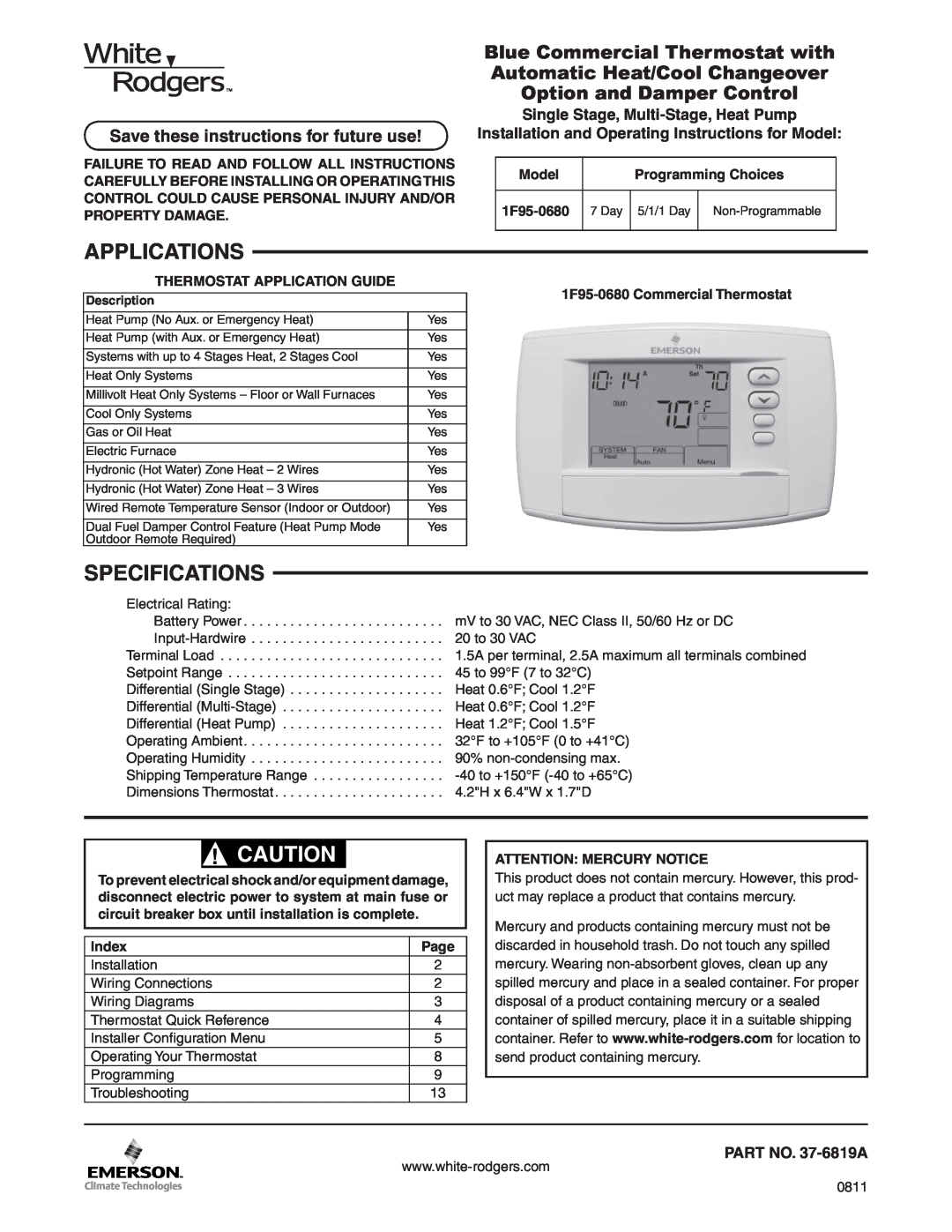 White Rodgers 1F95-0680 specifications Applications, Specifications, Save these instructions for future use, Model, Index 