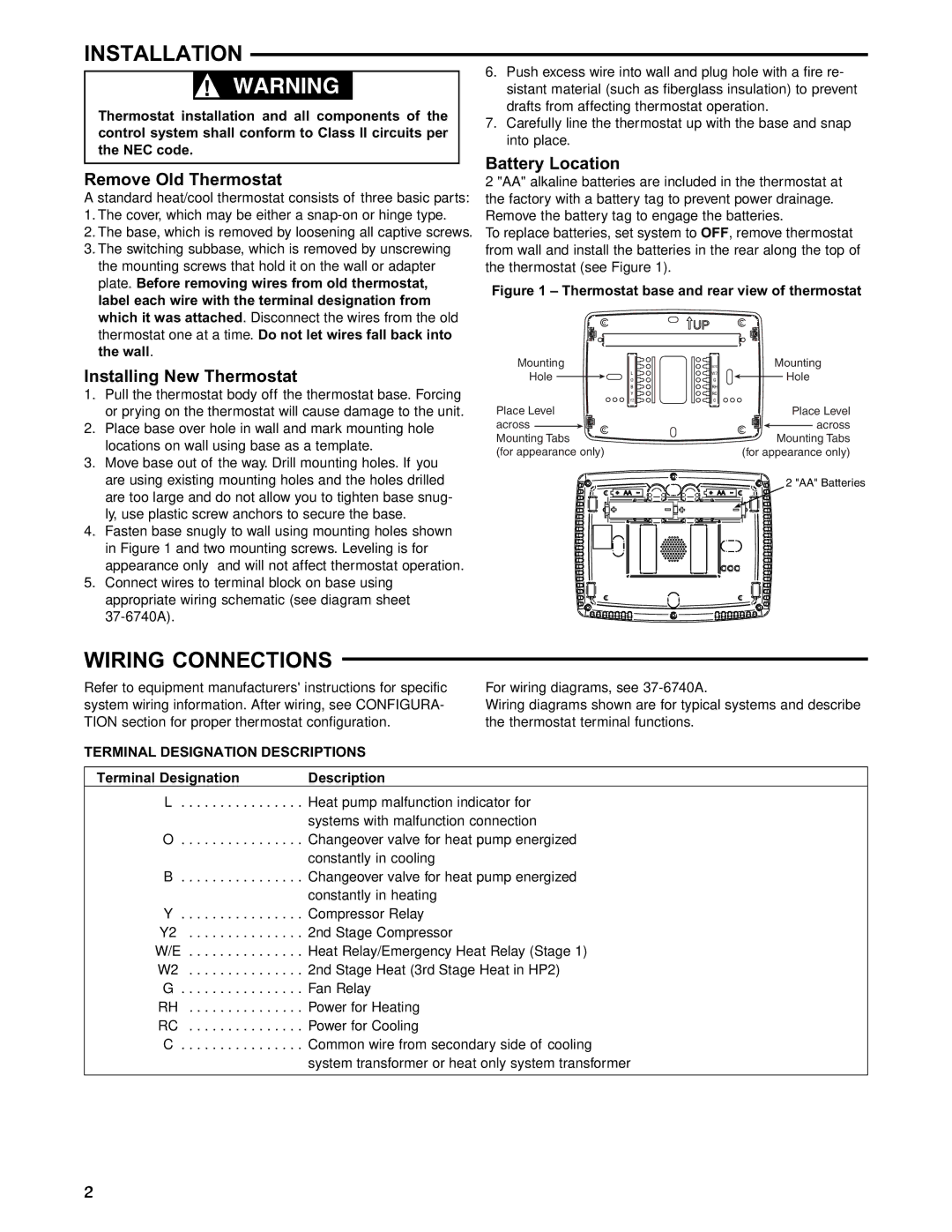 White Rodgers 1F95-1271 specifications Installation, Wiring Connections, Remove Old Thermostat, Installing New Thermostat 