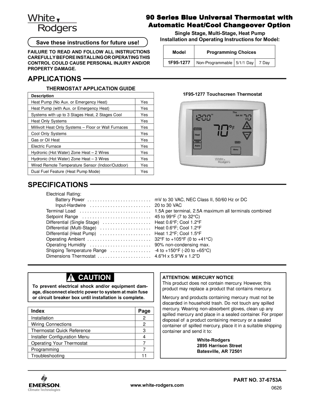 White Rodgers 1F95-1277 specifications Applications, Specifications, Save these instructions for future use 