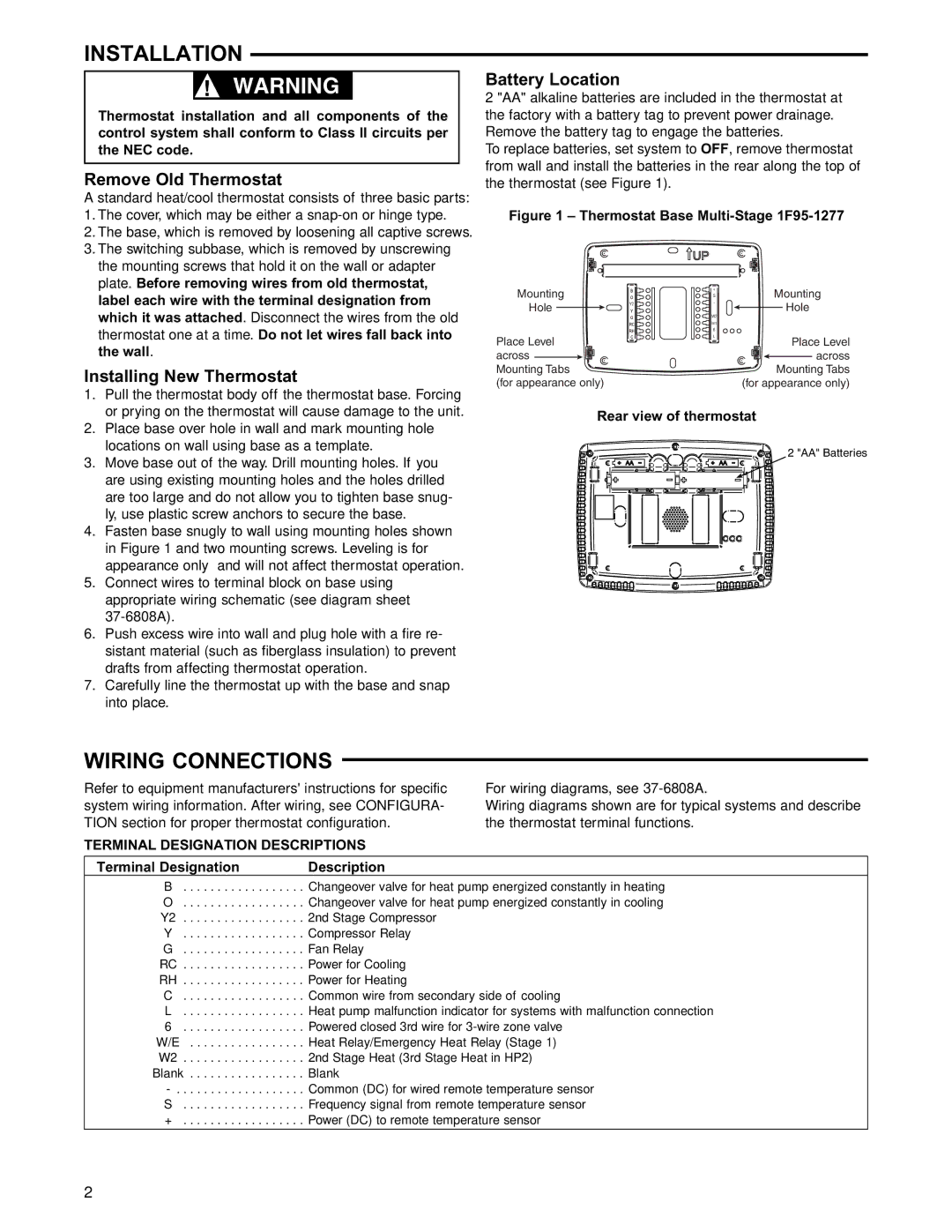 White Rodgers 1F95-1277 specifications Installation, Wiring Connections, Remove Old Thermostat, Installing New Thermostat 