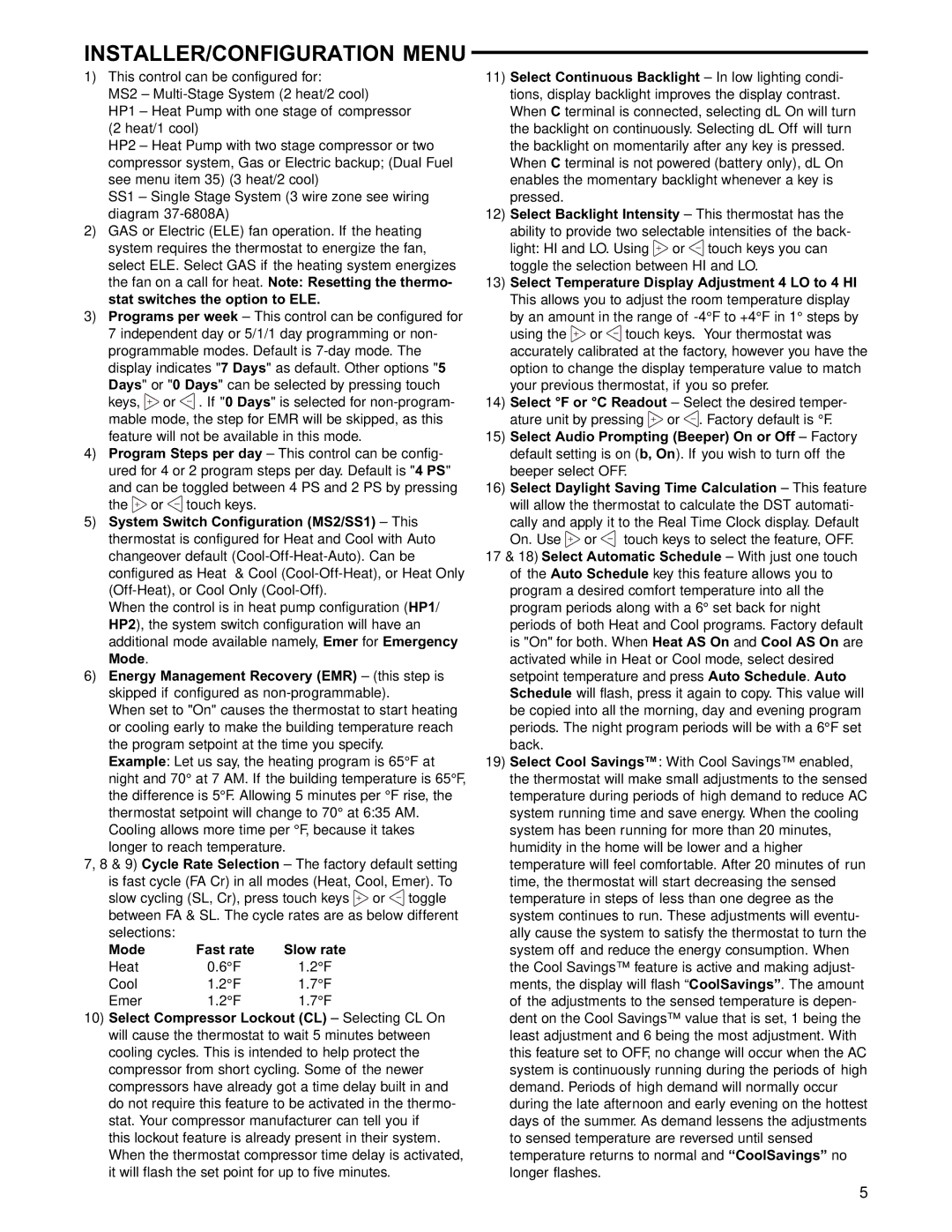 White Rodgers 1F95-1277 specifications Mode Fast rate 