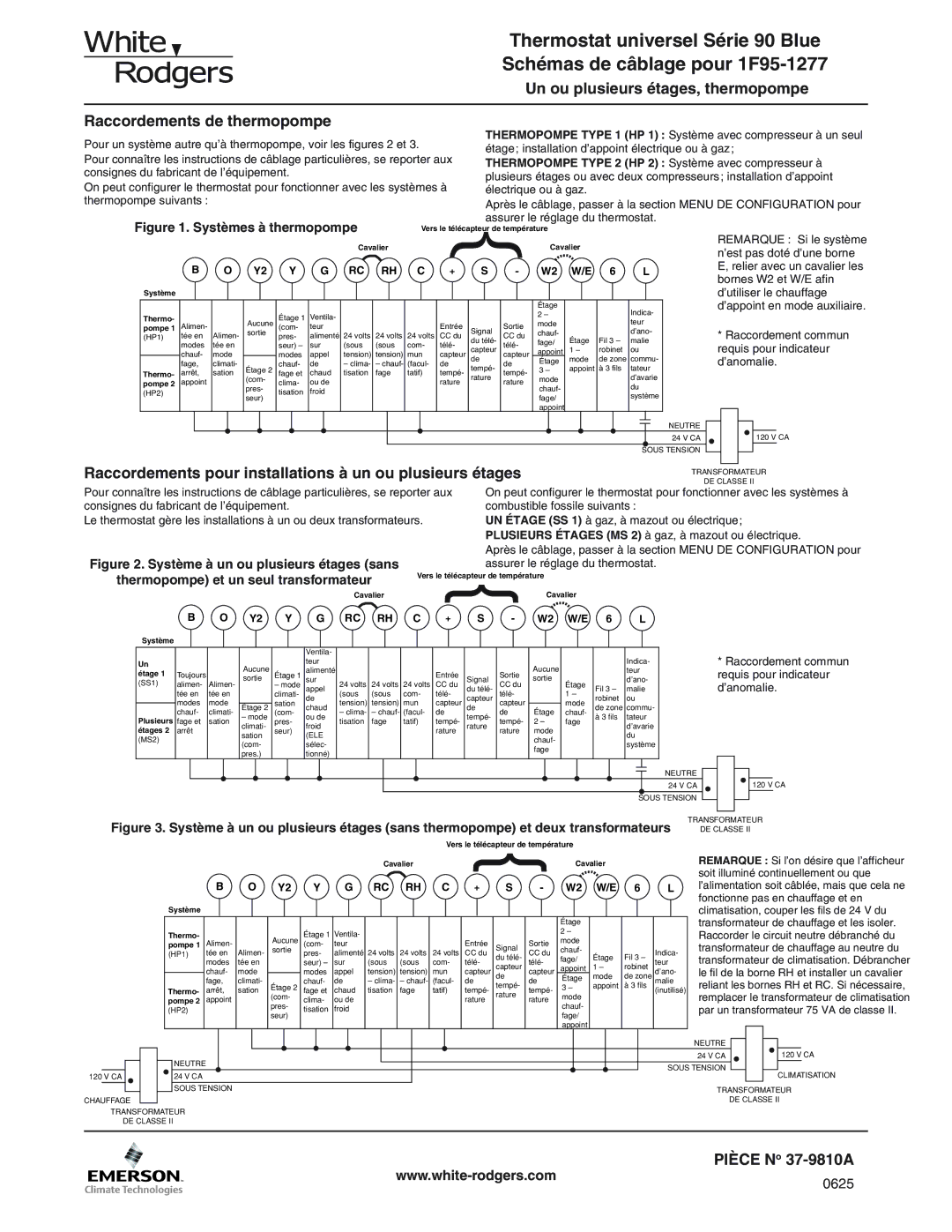 White Rodgers 1F95-1277 manual Un ou plusieurs étages, thermopompe, Raccordements de thermopompe, Pièce No 37-9810A 