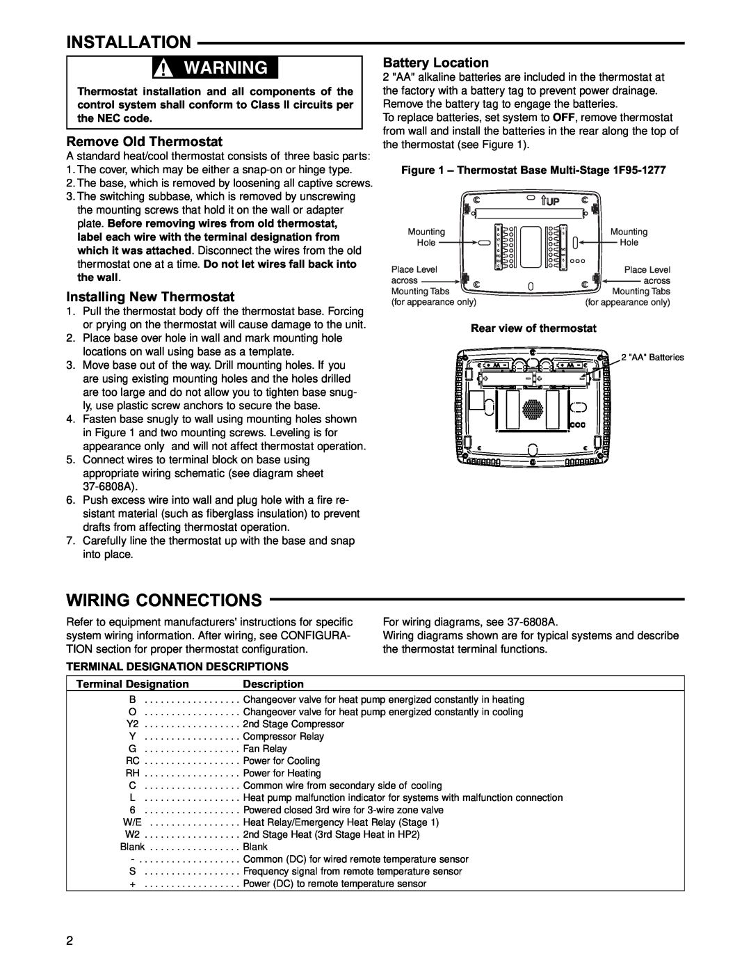 White Rodgers 1F95-1277 specifications Installation, Wiring Connections, Remove Old Thermostat, Installing New Thermostat 