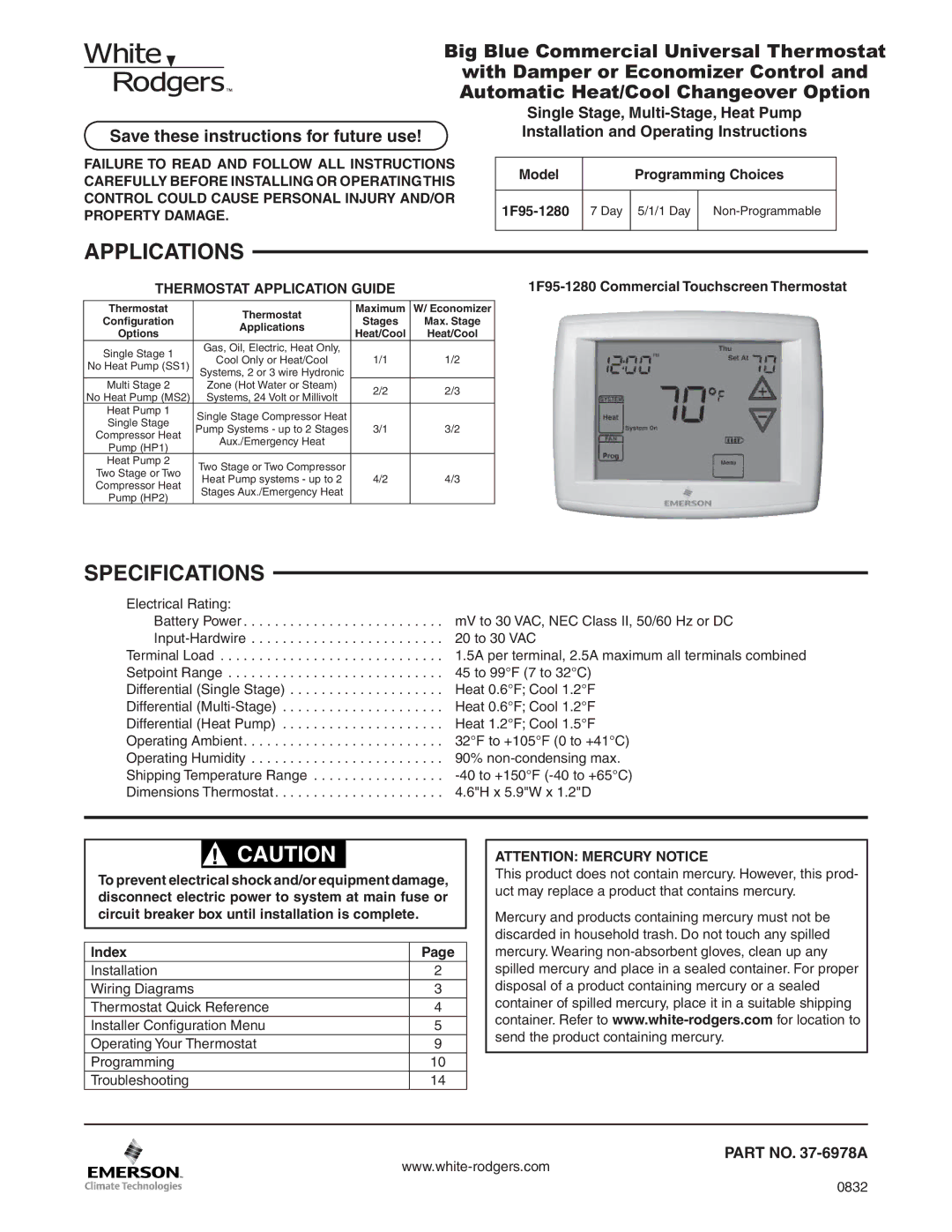 White Rodgers 1F95-1280 specifications Applications, Specifications, Save these instructions for future use, Index 