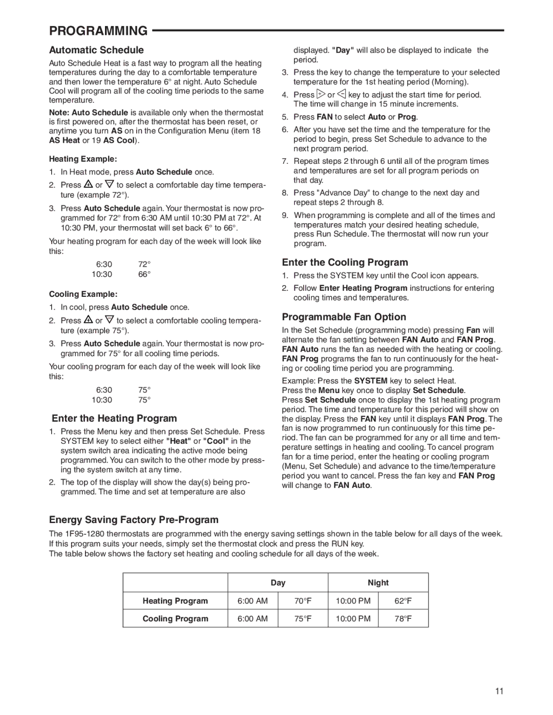 White Rodgers 1F95-1280 Automatic Schedule, Enter the Heating Program, Enter the Cooling Program, Programmable Fan Option 