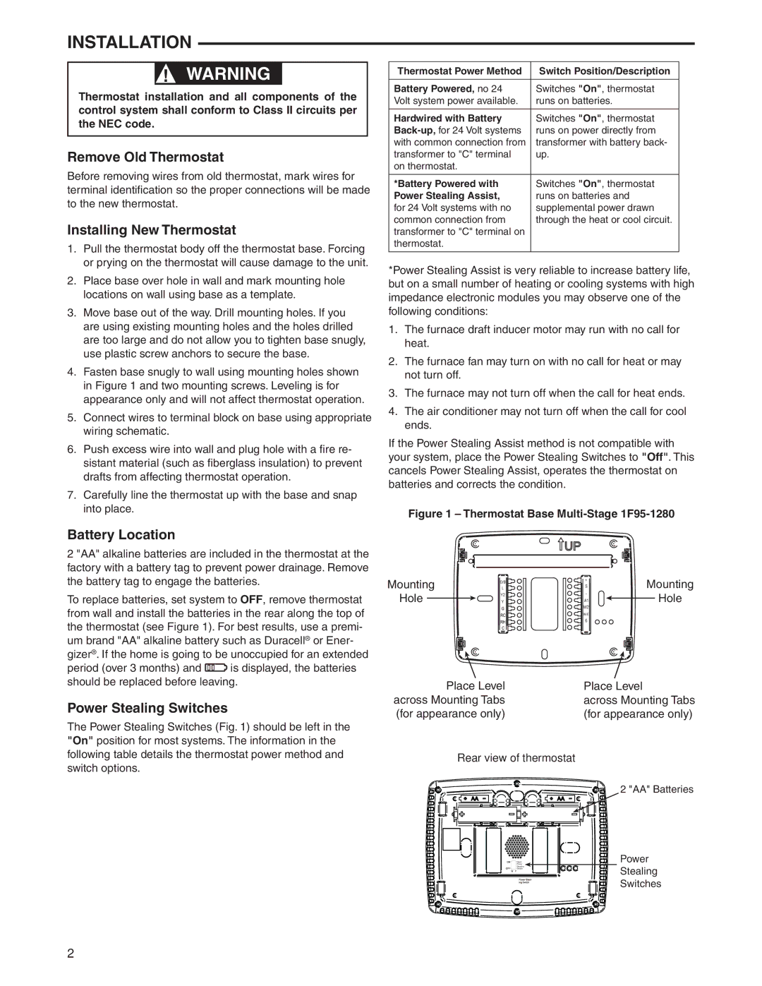 White Rodgers 1F95-1280 specifications Installation, Remove Old Thermostat, Installing New Thermostat, Battery Location 