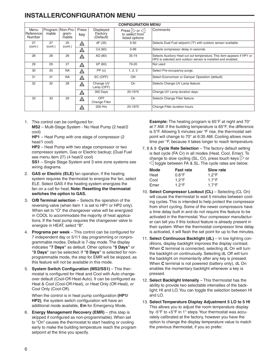 White Rodgers 1F95-1280 specifications Mode Fast rate, Heat Cool Emer 