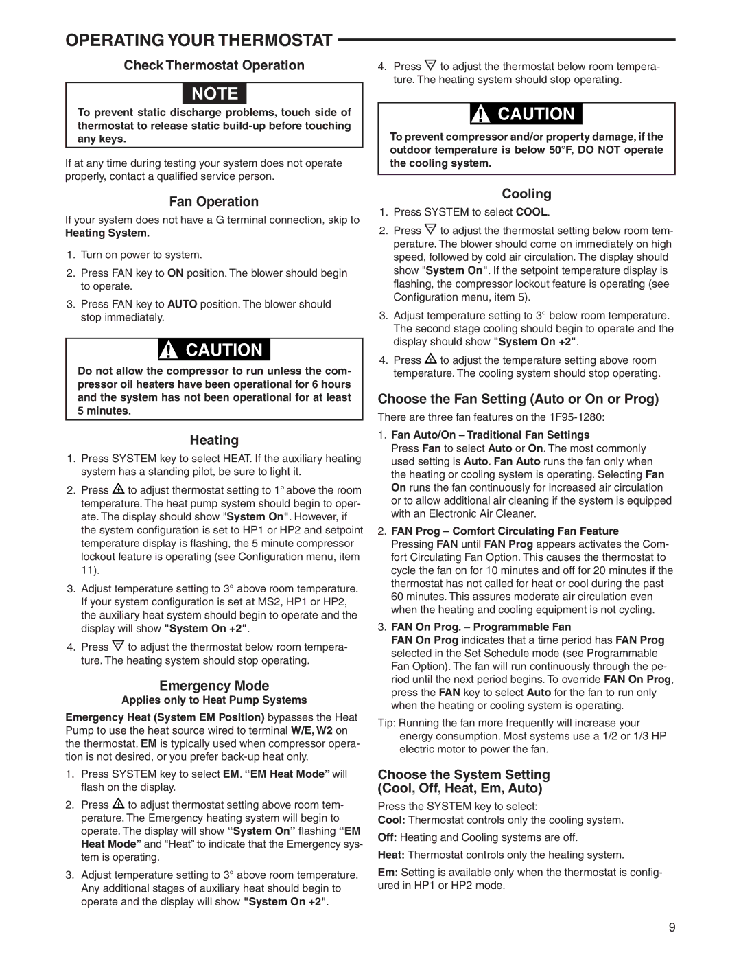 White Rodgers 1F95-1280 specifications Operating Your Thermostat 