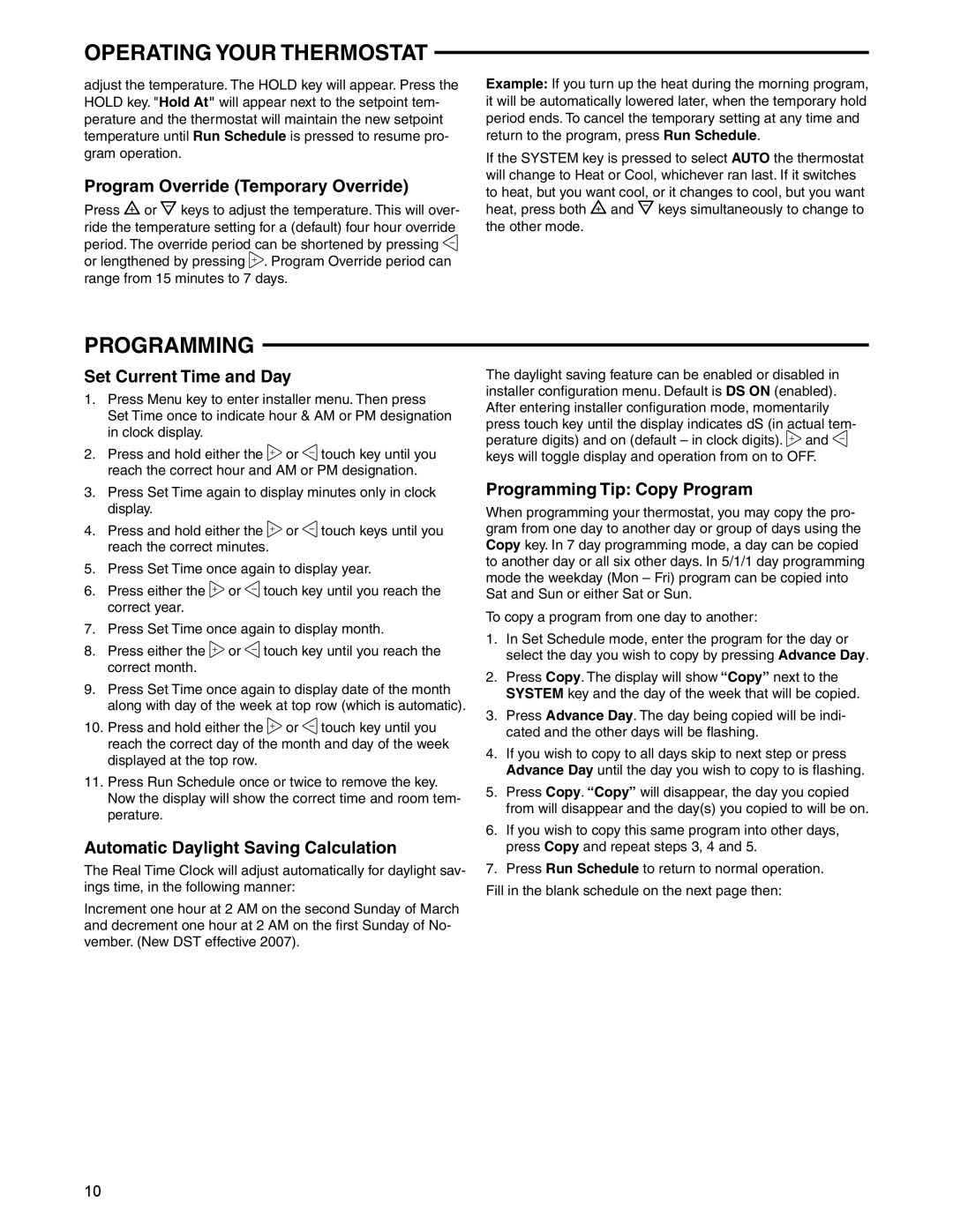 White Rodgers 1F95-1280 specifications Programming, Program Override Temporary Override, Set Current Time and Day 