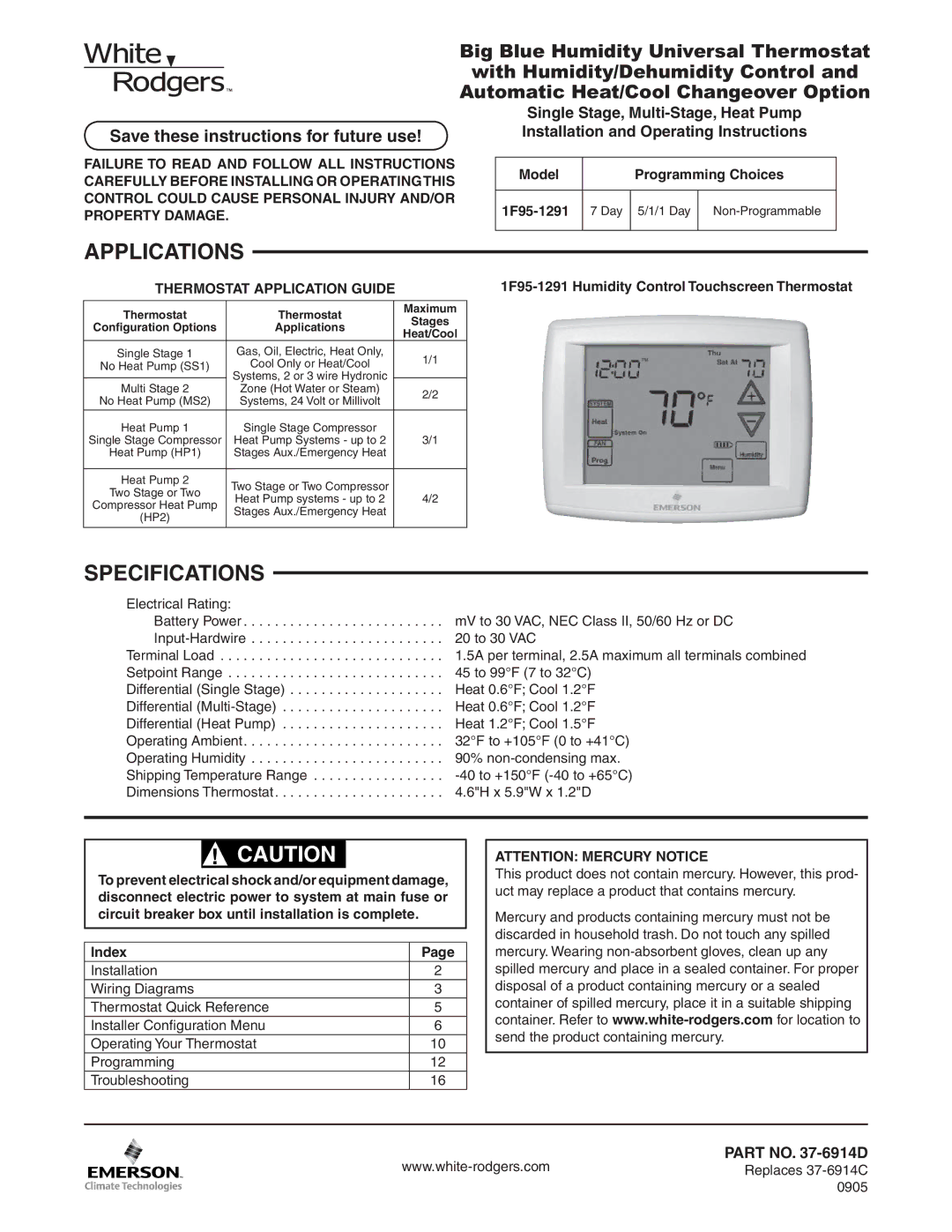 White Rodgers 1F95-1291 specifications Applications, Specifications, Save these instructions for future use 