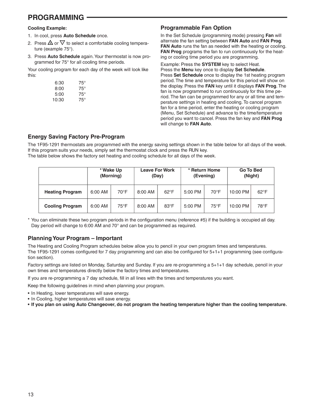 White Rodgers 1F95-1291 Programmable Fan Option, Energy Saving Factory Pre-Program, Planning Your Program Important 