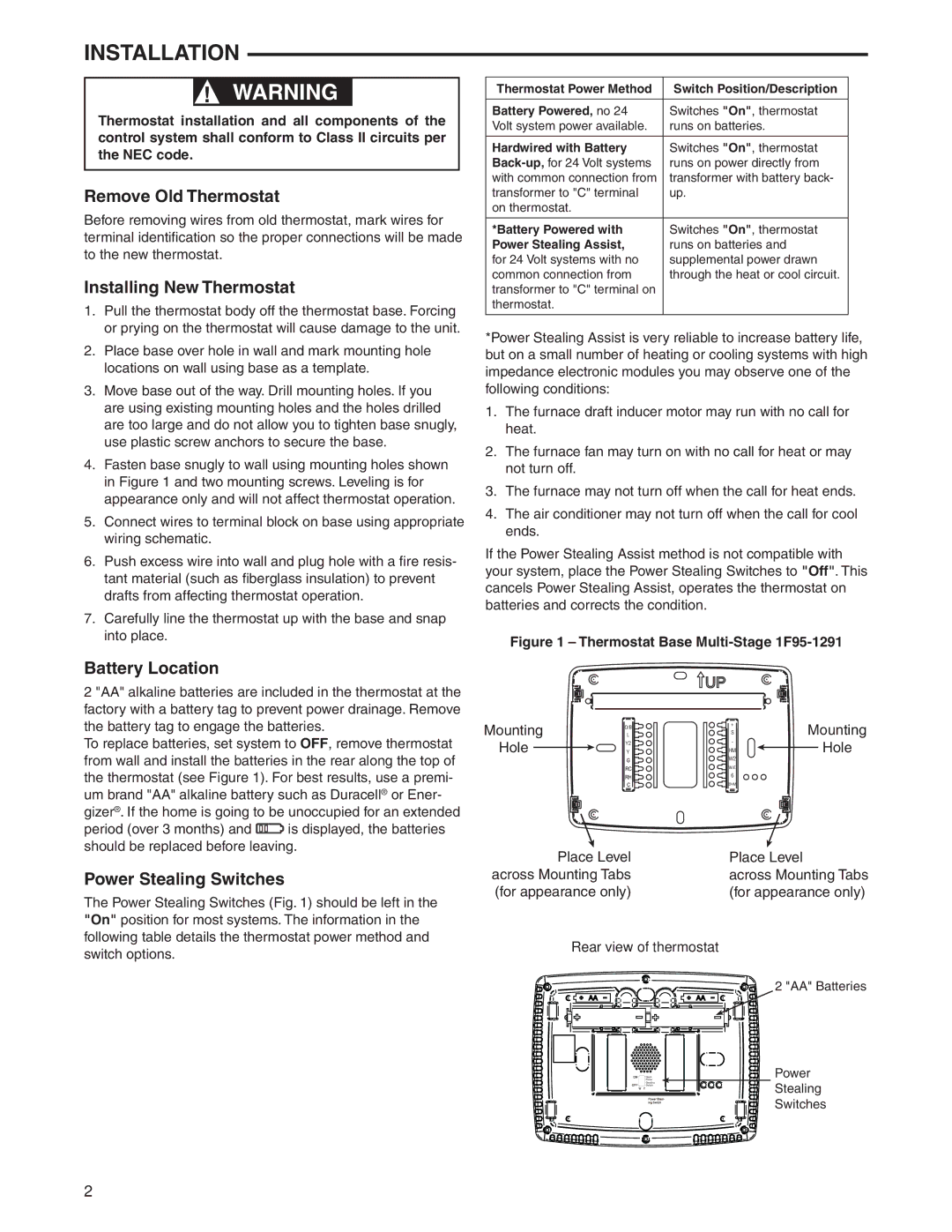 White Rodgers 1F95-1291 specifications Installation, Remove Old Thermostat, Installing New Thermostat, Battery Location 