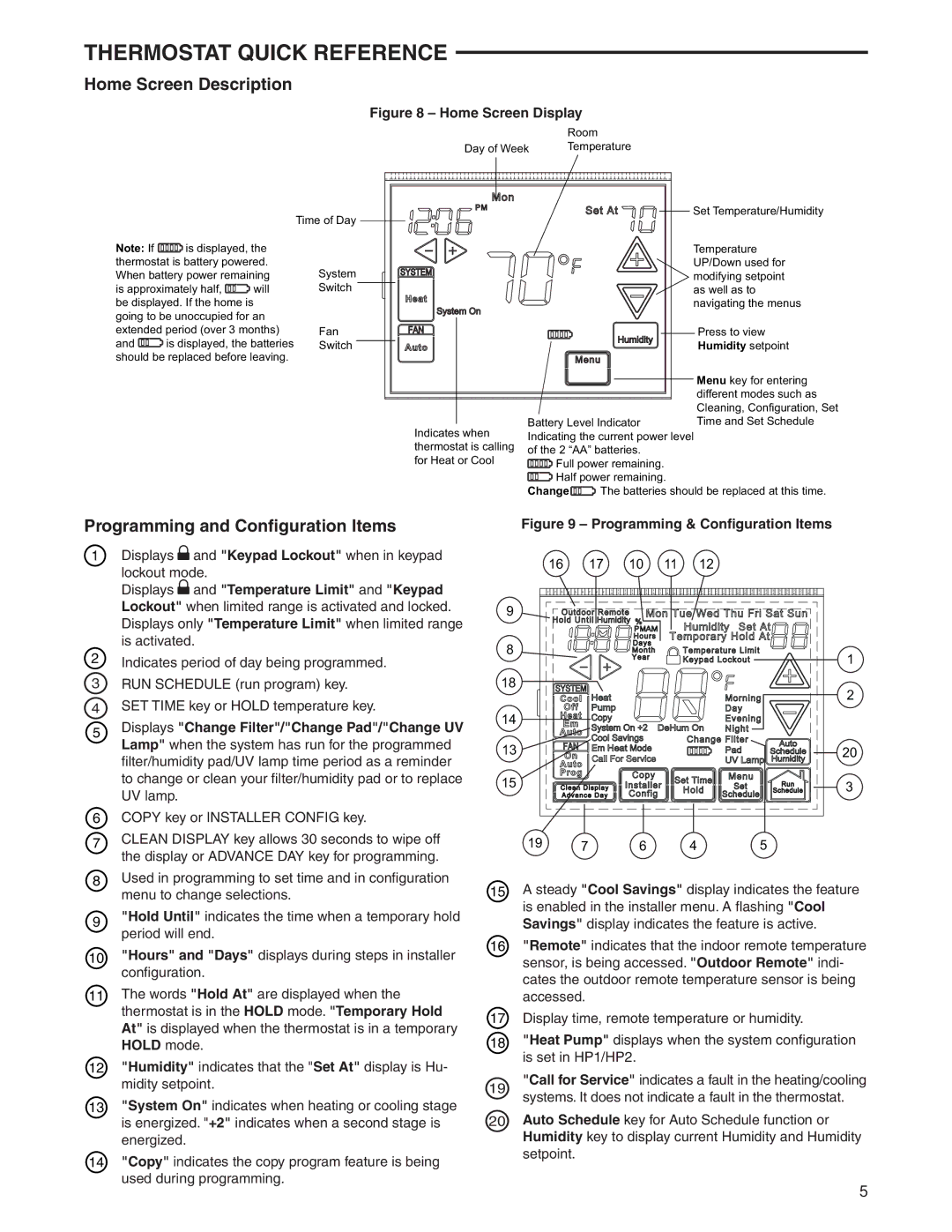 White Rodgers 1F95-1291 Thermostat Quick Reference, Home Screen Description, Programming and Conﬁguration Items, Hold mode 