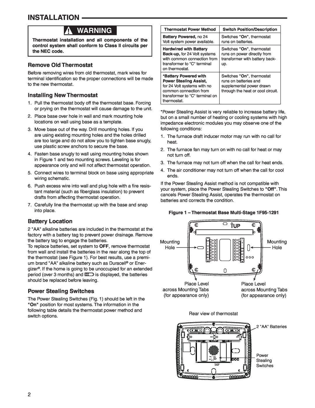 White Rodgers 1F95-1291 specifications Installation, Remove Old Thermostat, Installing New Thermostat, Battery Location 