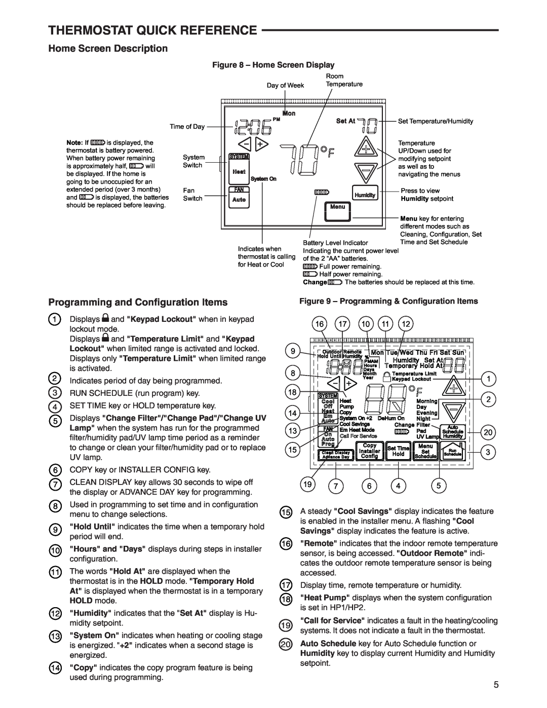 White Rodgers 1F95-1291 Thermostat Quick Reference, Home Screen Description, Programming and Conﬁguration Items 