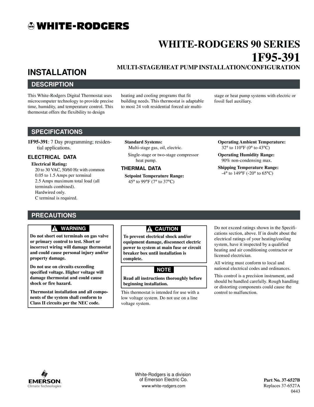 White Rodgers 1F95-391 specifications Description, Specifications, Precautions, Electrical Data, Thermal Data 