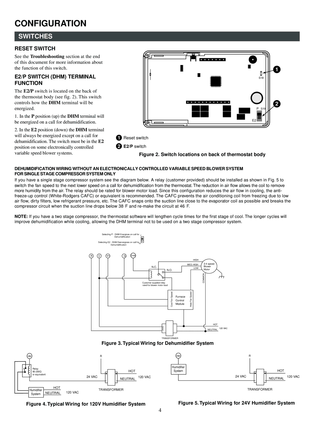 White Rodgers 1F95-391 specifications Switches, Reset Switch, E2/P Switch DHM Terminal Function, Dhm 