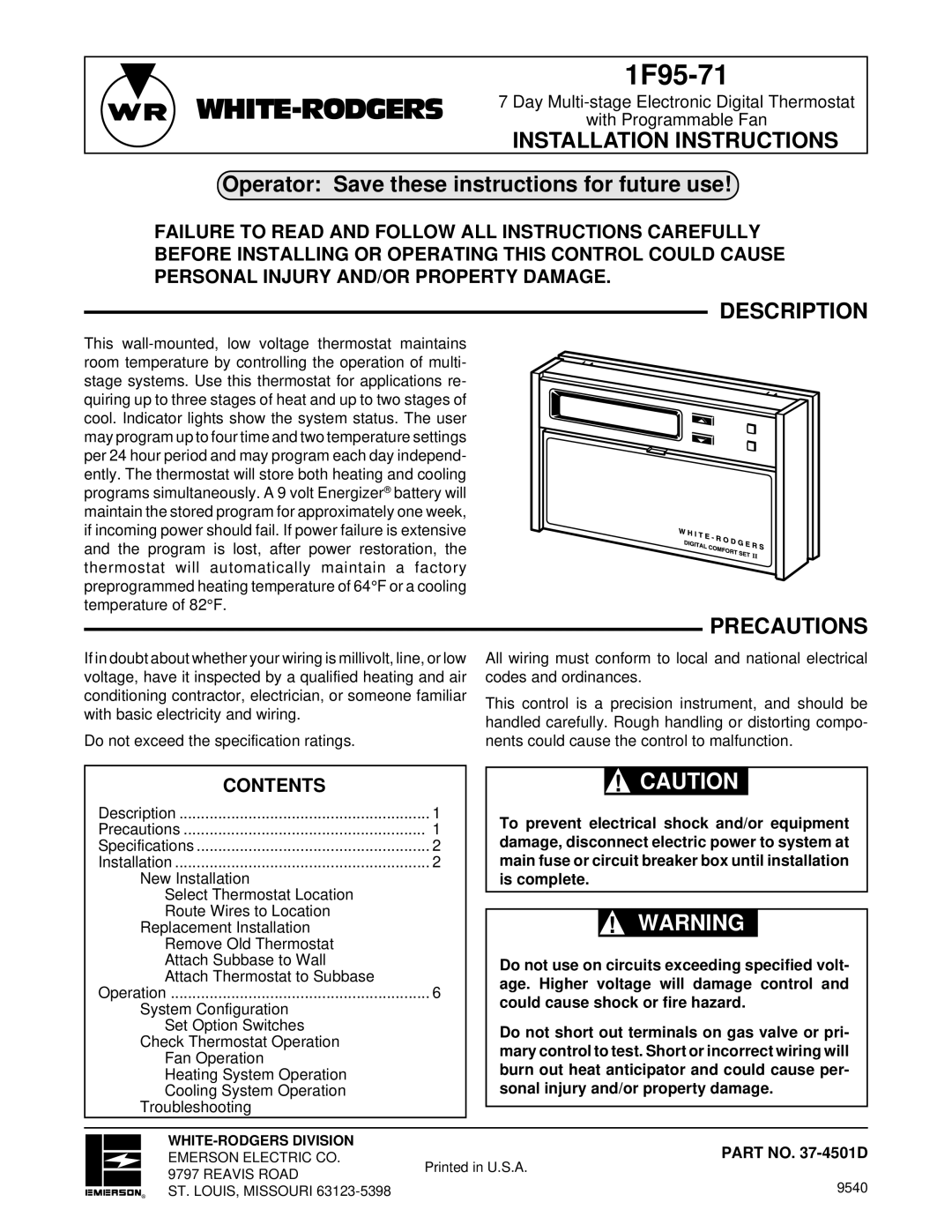 White Rodgers 1F95-71 installation instructions Description, Precautions 