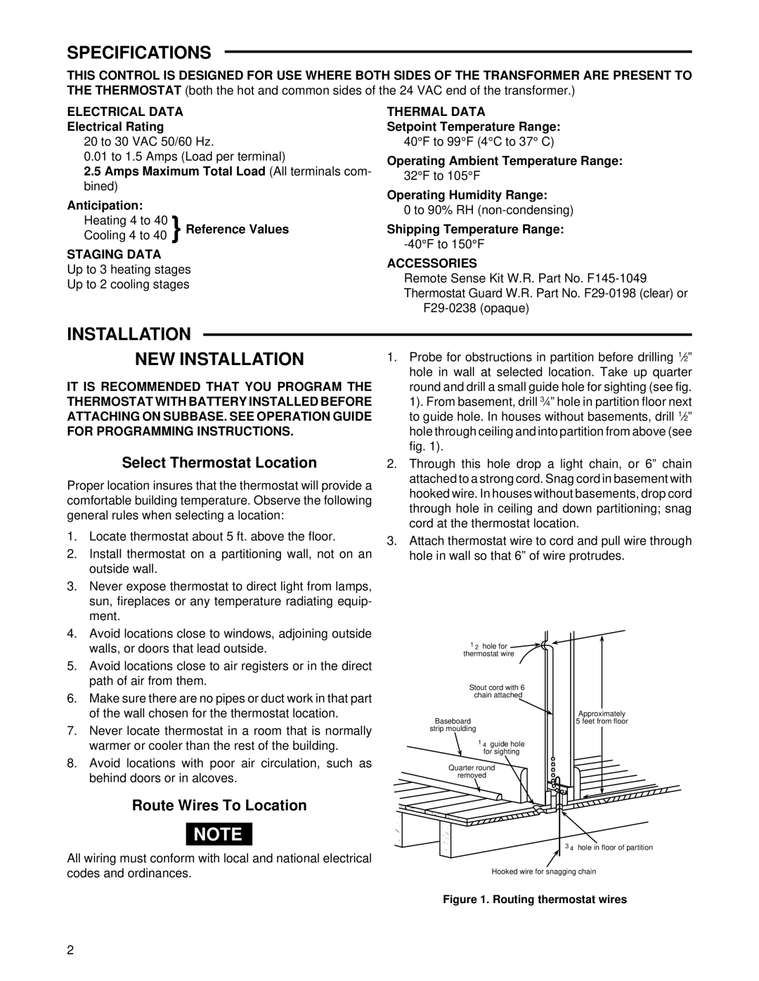 White Rodgers 1F95-71 Specifications, Installation NEW Installation, Select Thermostat Location, Route Wires To Location 