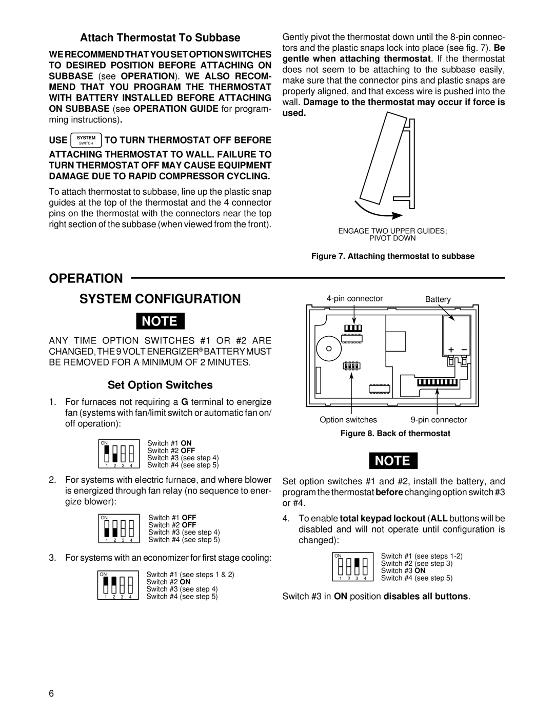 White Rodgers 1F95-71 Operation System Configuration, Attach Thermostat To Subbase, Set Option Switches 