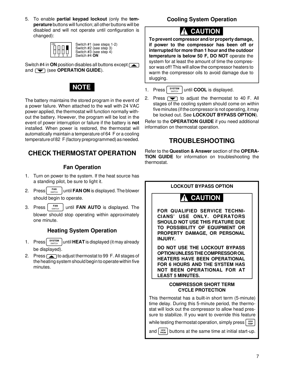 White Rodgers 1F95-71 Check Thermostat Operation, Troubleshooting, Fan Operation, Heating System Operation 