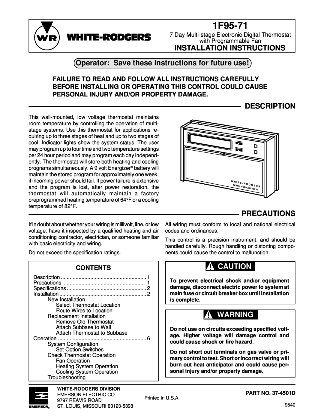 White Rodgers 1F95-71 installation instructions Operator Save these instructions for future use, Description, Precautions 