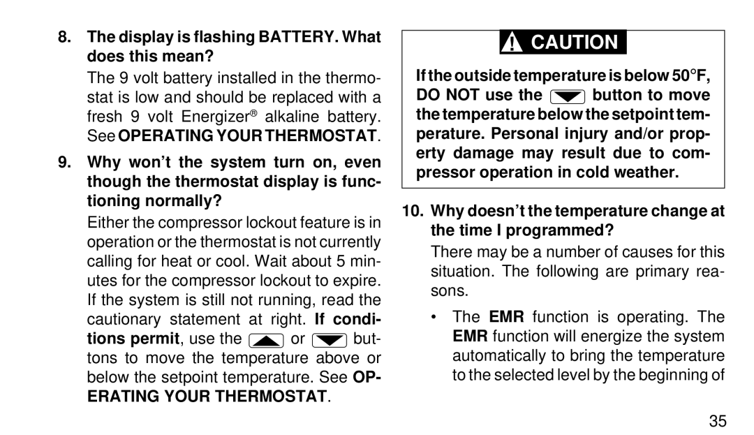 White Rodgers 1F95-80 manual Display is flashing BATTERY. What does this mean?, Erating Your Thermostat 