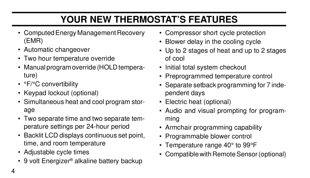 White Rodgers 1F95-80 manual Your NEW THERMOSTAT’S Features 