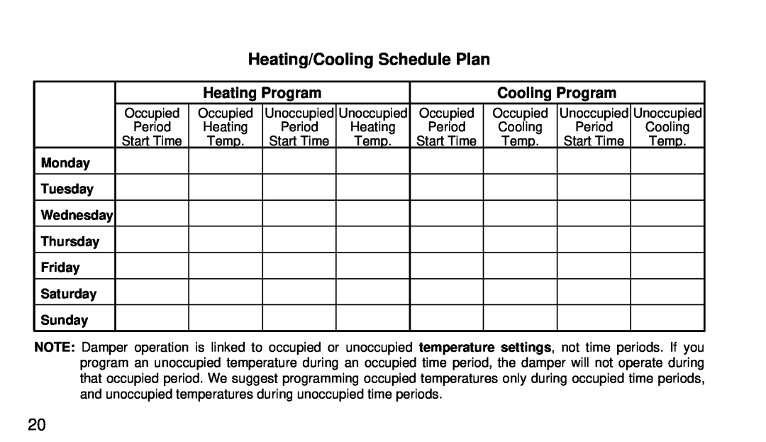 White Rodgers 1F95-80 Heating/Cooling Schedule Plan, Heating Program, Cooling Program, Monday, Tuesday, Thursday, Friday 